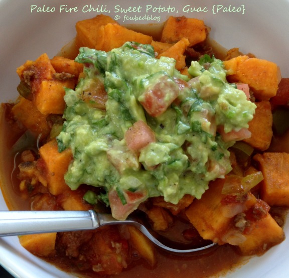 Paleo chili with sweet potatoes and guac.